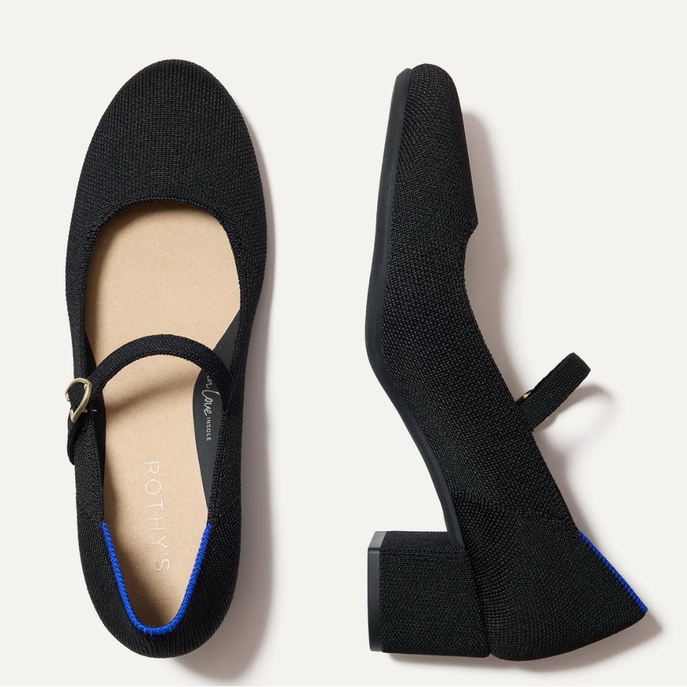 Rothy's Black Knit Mary Jane Flats with Blue Trim